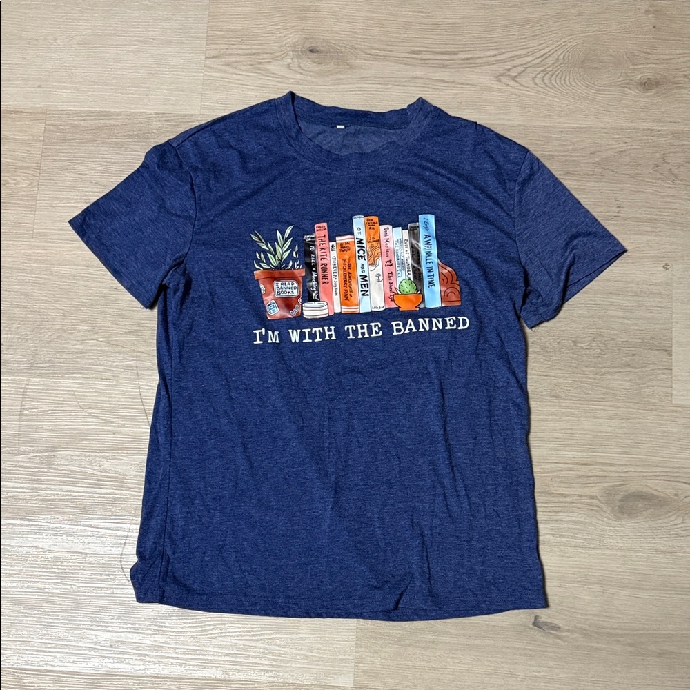 “I’m With The Banned” Banned Books Blue Graphic T-Shirt with Book Design